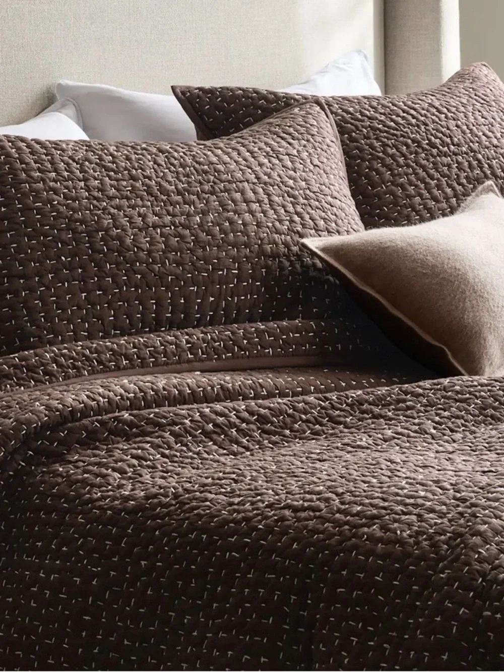 NWT Quince Organic Cotton Hand Stitched 3 pc Quilt Set, King/Cal (Espresso)